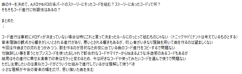 コード進行ってどうやって組み立てればいいのか解らなくて迷いましたが自分なりにまとめました。
もしおかしなところがあればご指摘いただきたいです。