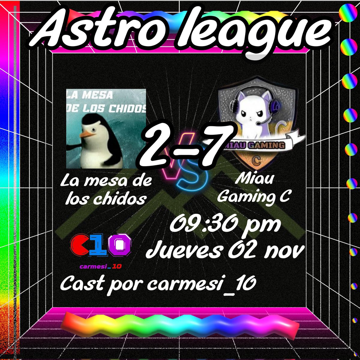 MiauGamingC's tweet photo. Hoy triunfamos!! Vs la mesa de los chidos en la astro league
Gracias a @cvv_1019 por el cast
GG  a la mesa de los chidos 
 @RafitaOrtega5
@Tishaee
@IChoyz_
@PxexSp
@Who_is_mqz
Gracias a los jugadores por su desempeño colaborativo https://t.co/37JVmImFba