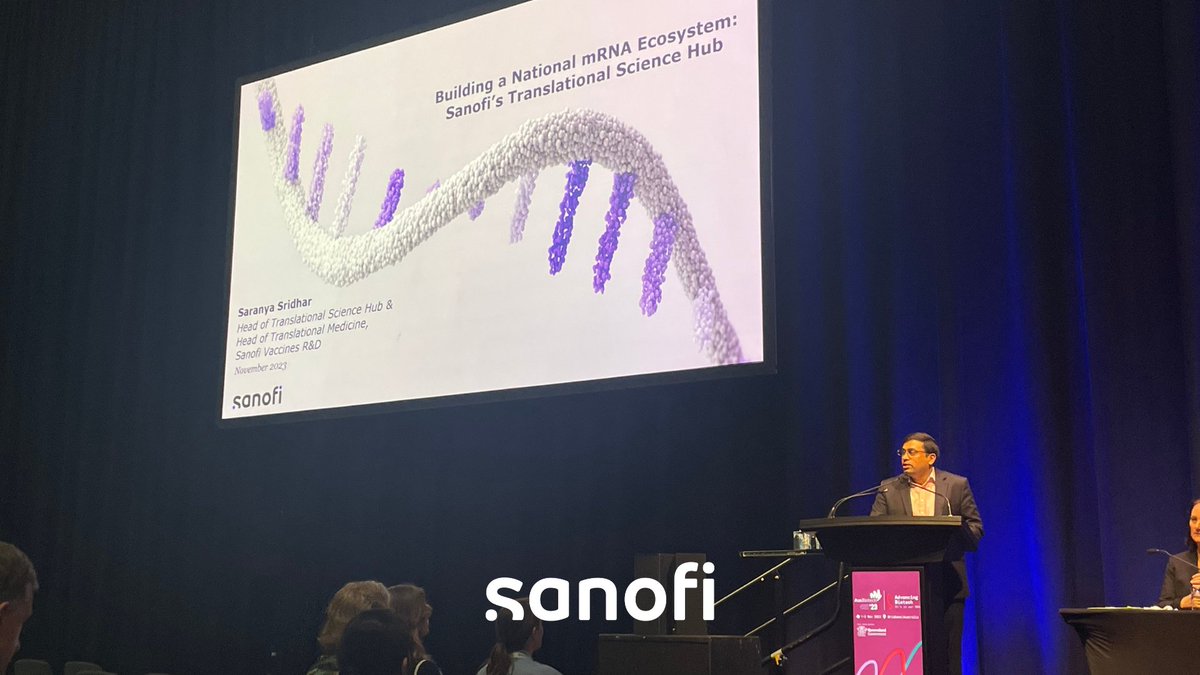 SanofiANZ's tweet photo. Also today at @Ausbiotech #AusBio23 Sanofi’s Dr Saranya Sridhar presented on building a national #mRNA ecosystem.
The #TranslationalScienceHub with @QldGov @Griffith_Uni and @UQ_News is connecting Queensland to Sanofi scientists in France and the US. @GrowingQLD https://t.co/xN2xg2RHIB