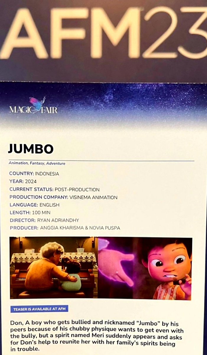 yan_widjaya's tweet image. Animasi Indonesia Go International 2024
*#JUMBO* (100 Menit)
Produksi Visinema
Produser Anggia Kharisma
Sutradara Ryan Adriandhy
Kisah si bocah gembrot Don hingga dijuluki Jumbo oleh para perundungnya. Disadarkan peri Meri demi keluarganya.