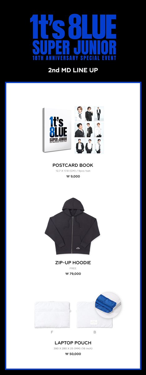SJofficial's tweet photo. SUPER JUNIOR 18TH ANNIVERSARY SPECIAL EVENT <1t's 8lue> 
OFFICIAL MD 2ND LINE UP ONLINE SALES NOTICE 

▶ Sales Day 
2023. 11. 06 (MON) 15:00 ~ 2023. 11. 12 (SUN) 23:59 [KST] 

▶ Online Store  
SMTOWN &STORE : https://t.co/LcipeQGPLX  
SM Global Shop : https://t.co/FjsVtLO8Ee  
SM True Store : https://t.co/44xLibHn7C  
YIZHIYU : https://t.co/03M7BqBGW0