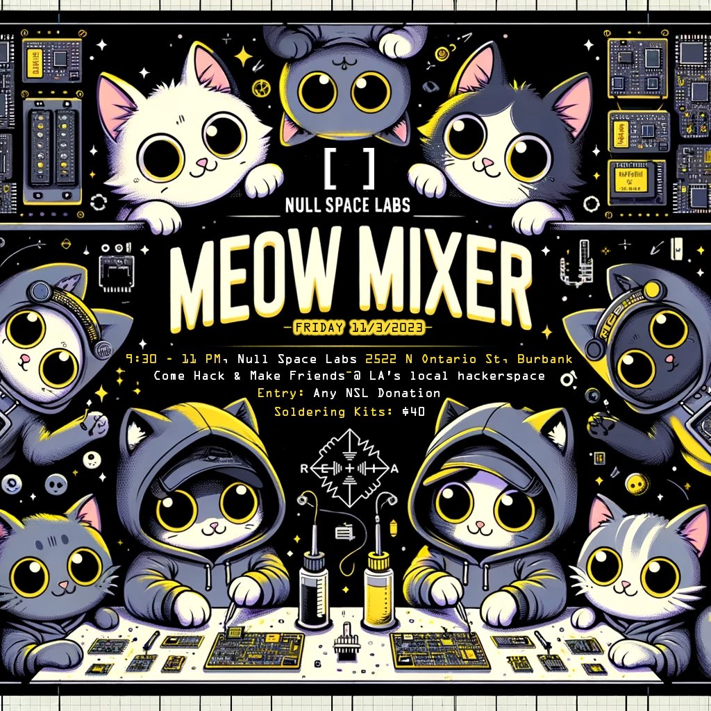 KodyKinzie's tweet image. Attending  @hackaday Supercon?

Come by @nullspacelabs  on Friday for the Meow Mixer!

Meet fellow hackers, solder a badge, &amp;amp; check out LA&apos;s local hackerspace

#hackaday #supercon

meetup.com/cyber-weapons-…
