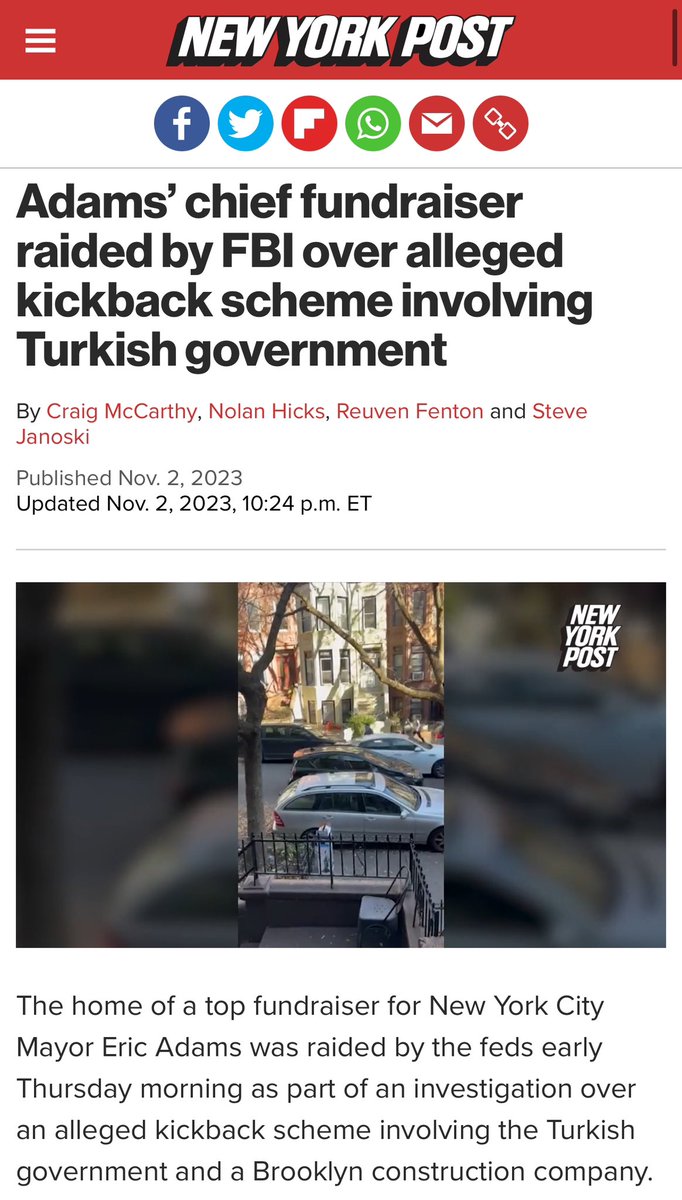 LindseySnell's tweet photo. Home of a fundraiser for NYC Mayor Eric Adams raided by the feds over a kickback scheme involving the Turkish government.

Adams has also taken paid trips to Azerbaijan and frequently deals with the NY AZ lobby, so Turkey likely isn’t the only dictatorship paying the mayor… https://t.co/20OGWQVp84
