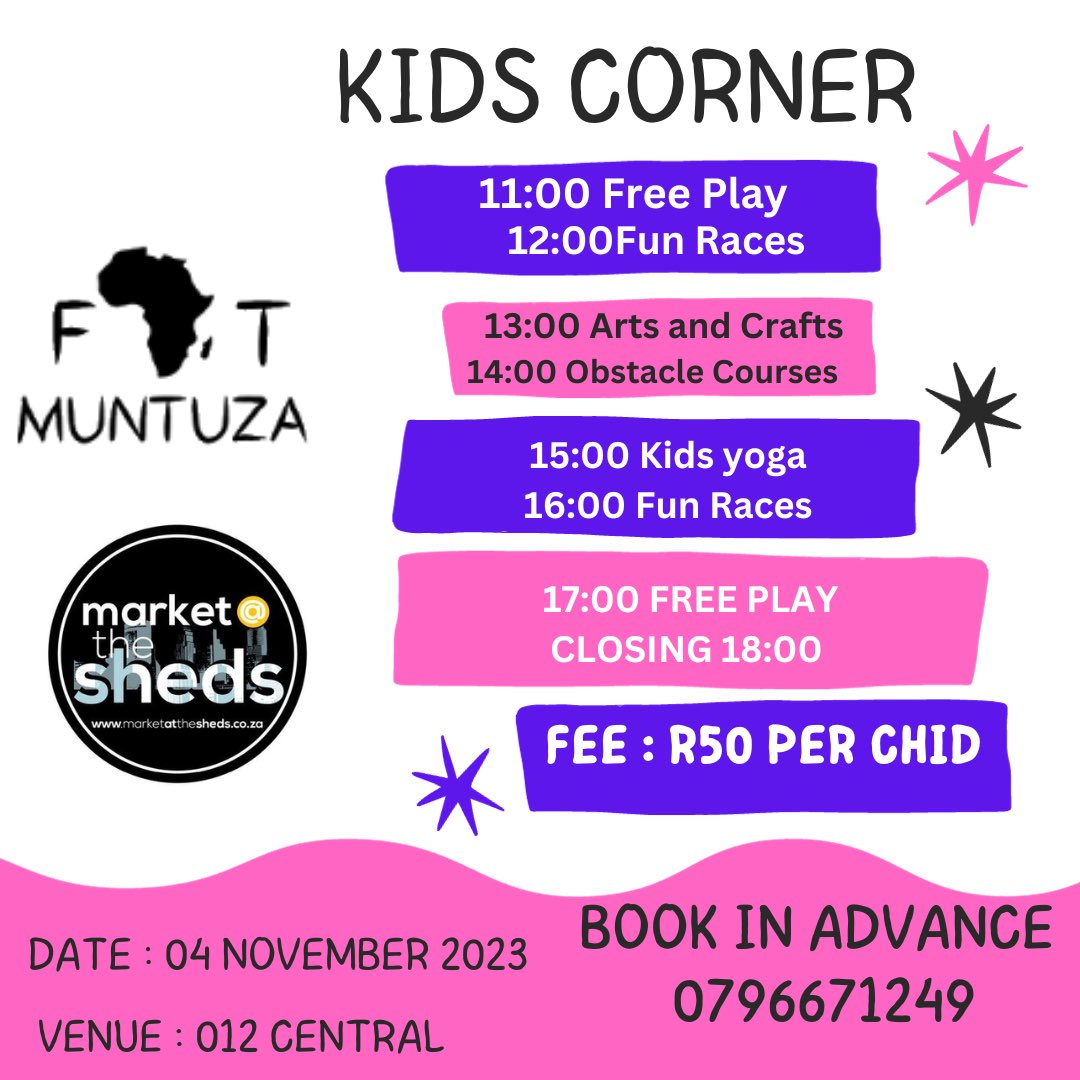 1 Day till #eightiesretro

Fit muntuza has the kids entertainment on 🔒

For the parents that want to enjoy the market without worrying too much about their young ones, we have a kids corner from 11am till 6pm for R50 per child. 

We hope you’ve grabbed your online tickets 🎟️ on
