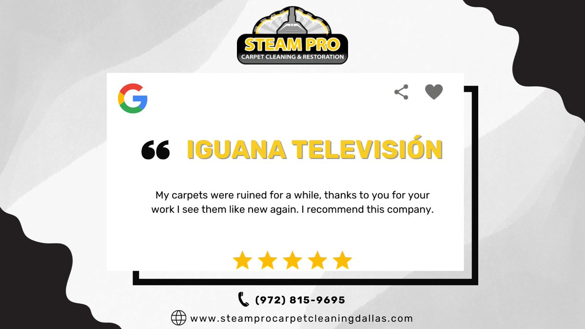 SteamProDallas's tweet image. Dear Iguana Televisión,

I'm ☺️happy you're pleased with the results and that we were able to help. If there's anything else we can do to help, please let us know. 🤝

#clientreview #clientfeedback #review #feedback  #thanks #thankyou #5starreview #steamprocarpetcleaningdallas