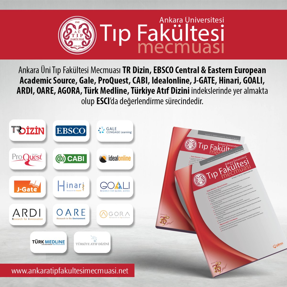Ankaratip1945's tweet image. Ankara Üniversitesi Tıp Fakültesi Mecmuası ARALIK 2023 sayımız yayınlandı.

🔗: ankaratipfakultesimecmuasi.net  

#trdizin #ebsco #easterneurope #gale #proquest #cabi #idealonline #hinari #goali #ardi #oare #agora #turkmedline #türkiyeatıfdizini
