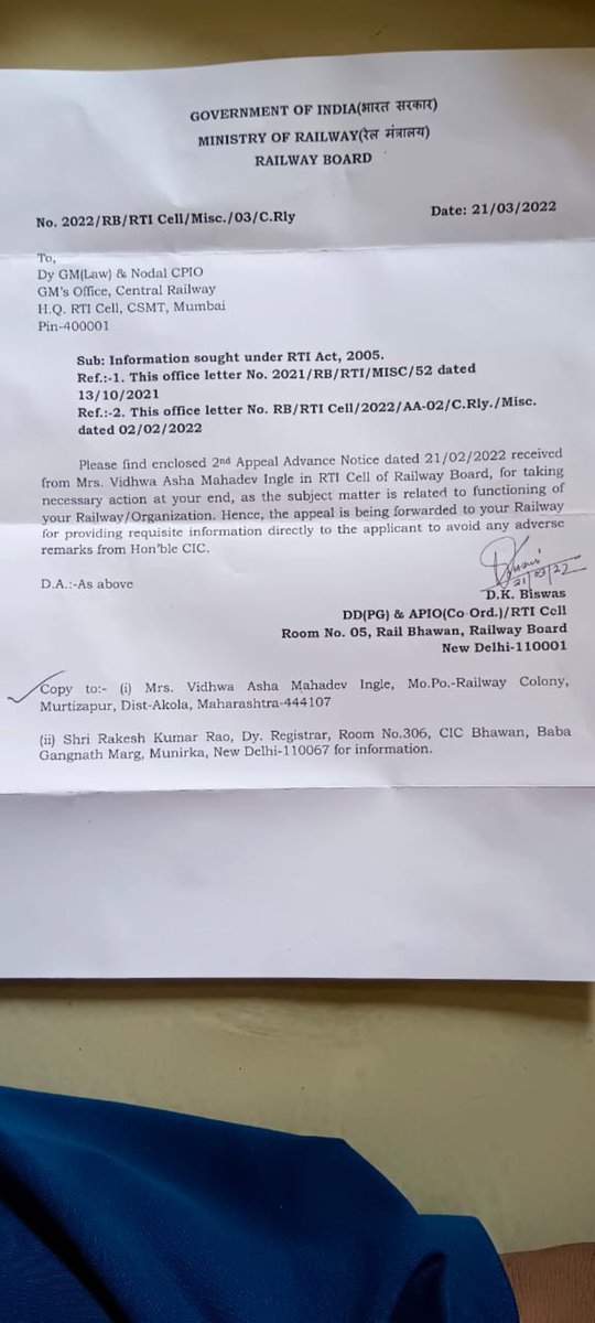 RahulIn33790148's tweet photo. @UdayMahurkar @PMOIndia @HMOIndia @DrJitendraSingh @DoPTGoI आदरणीय न्यायदाता महोदयजी आपके द्वारा दिये गये दिनांक 24-2-2023 निर्देश  (ORDER) की अब तक आदरणीय डी.आय.एम ऑफिस भुसावल मंडल द्वारा कोई भी दखल नही लीगई है! आपसे अनुभूत है की विधवा दलित रेल्वे ट्रॅकमेन के साथ न्याय करे!🙏 https://t.co/6fBoN209oY