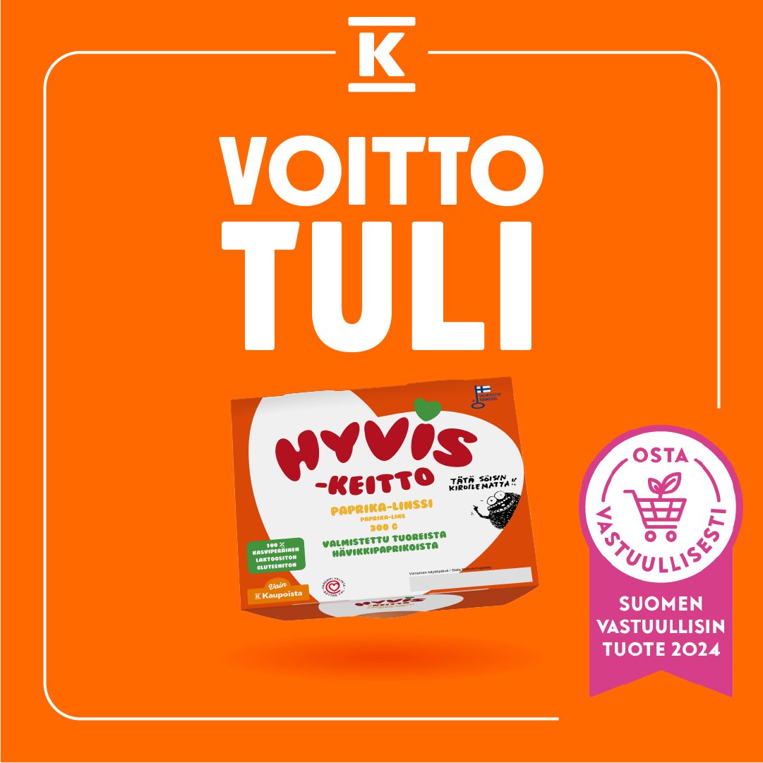 Hyvis paprika-linssikeitto on palkittu Suomen vastuullisin tuote -kilpailussa 🎉

Ruoka ja juoma -kategorian voittajaksi valittuun keittoon hyödynnetään keskusvarastomme hävikkipaprikoita, jotka eivät sovi myytäväksi esim. kolhiintumisen vuoksi, mutta ovat hyvä keiton raaka-aine.