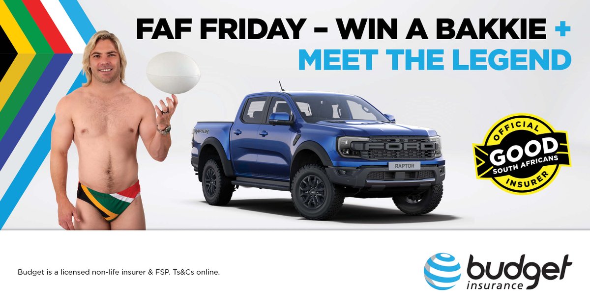 budgetins's tweet photo. FAF FRIDAY is a #mood! It’s a celebration of our favourite scrumhalf! If you want to *MEET* this #GoodSouthAfrican, as well as *win yourself a bakkie worth R1.2 million* – click on the link below for a faf-free quote👉🏾  https://t.co/sXKxlutldH #fafFriday #WinARaptorWithBudgetInsurance  #GetToMeetFaf