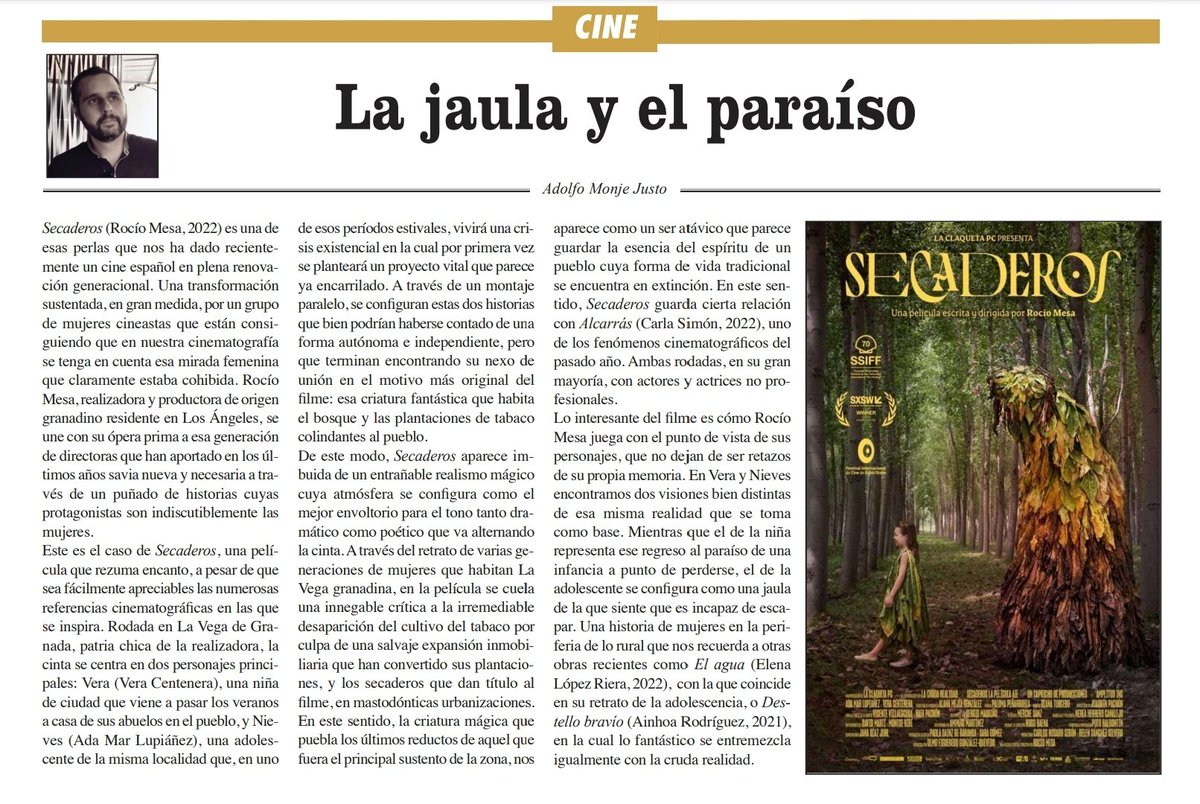 adolfo_monje's tweet photo. Una vez superado Halloween, en @LaGacetaInde recomendamos "Secaderos", donde una amable criatura protagoniza la ópera prima de Rocío Mesa. Poesía y realismo mágico confluyen en este drama intergeneracional rodado en La Vega granadina y que puede verse en @Filmin https://t.co/h5p2Upz1mT