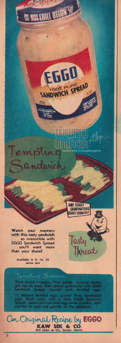 Eggo Sandwich Spread Ad, 1950s Taken from Weekly Women's Magazine August 7, 1959