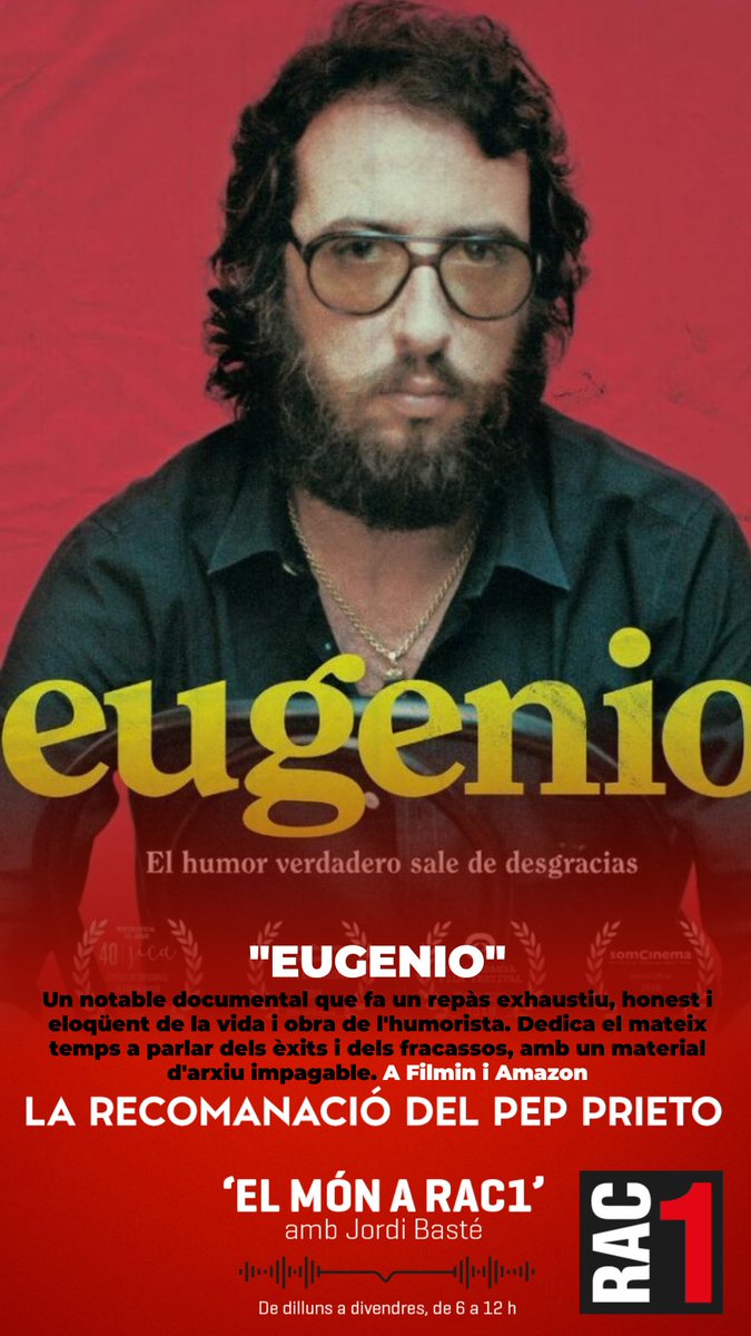 Pep Prieto (@pepprieto) on Twitter photo La meva recomanació a <a href="/elmonarac1/">El món a RAC1</a>: "Eugenio". Un notable documental que fa un repàs exhaustiu, honest i eloqüent de la vida i obra de l'humorista. Dedica el mateix temps a parlar dels èxits i dels fracassos, amb un material d'arxiu impagable. A Filmin i Amazon La meva recomanació a <a href="/elmonarac1/">El món a RAC1</a>: "Eugenio". Un notable documental que fa un repàs exhaustiu, honest i eloqüent de la vida i obra de l'humorista. Dedica el mateix temps a parlar dels èxits i dels fracassos, amb un material d'arxiu impagable. A Filmin i Amazon