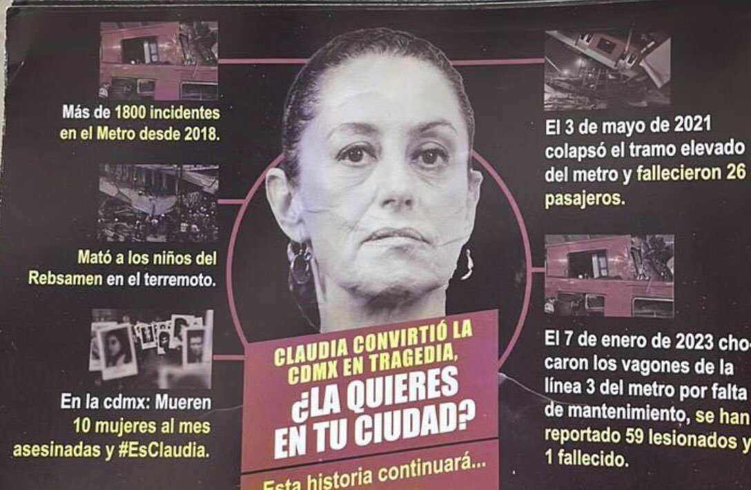 Todas las mañanas tuitearé esta imagen para que no quede nadie sin saber que @Claudiashein es un peligro para México y sólo trae muerte. Los niños del Rebsamen, 10 mujeres al mes, Líneas 12 y 3 del Metro, mi Palma de la Glorieta de Reforma, el ahuehuete chairo. #ClaudiaNoEs