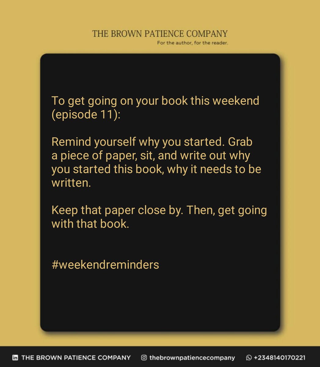 ContentsbyBrown's tweet photo. Faithfully bringing you this reminder, dear #author.
_
_
_
#writingplan #todolist
#thebrownpatiencecompany
#bookeditorinlagos #writingschedule #bookeditingcompany
#writingandeditingwithbrownpatience #writeyourbook #bookwritingtips #writingtips
#writingcommunity #tgif https://t.co/1ndO9GlVwG