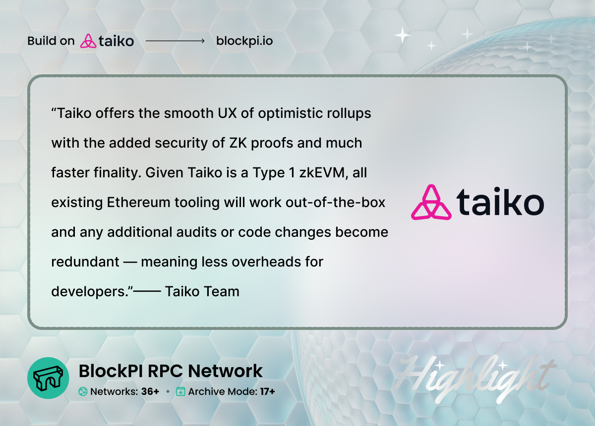 RealBlockPI's tweet image. 1/BlockPI's RPC services have been favored by the Taiko community since the early days. 🍾

Being the official infra partner of @taikoxyz, BlockPI brings more advanced services and benefits for the Taiko community.