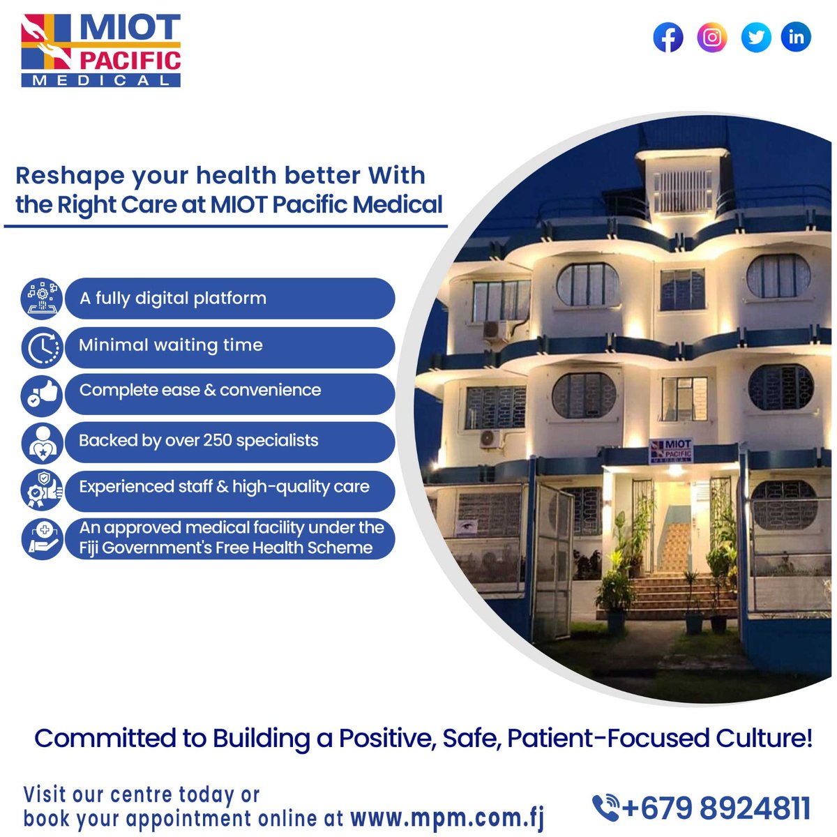 MedicalMiot's tweet image. Your health is our priority!
Take a step towards a healthier you with our wide range of compassionate services &amp;amp; care.
Book your appointment online at mpm.com.fj or call at 8924811

#MIOTPacificMedical #bookappointment #priorityservice #minimalwaitingtime #fiji #suva