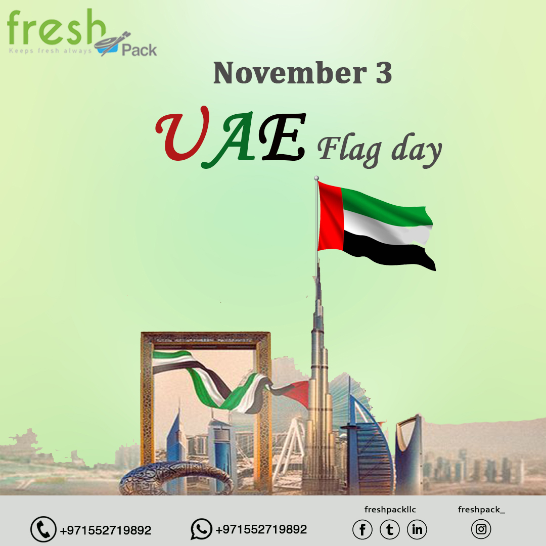 Raise it high, with pride and unity Happy UAE Flag Day
#UAEFlagDay #flagdaycelebration #Flagday2023 #FreshPack #Packfresh #freshproducts #packagingproducts #uae #dubai