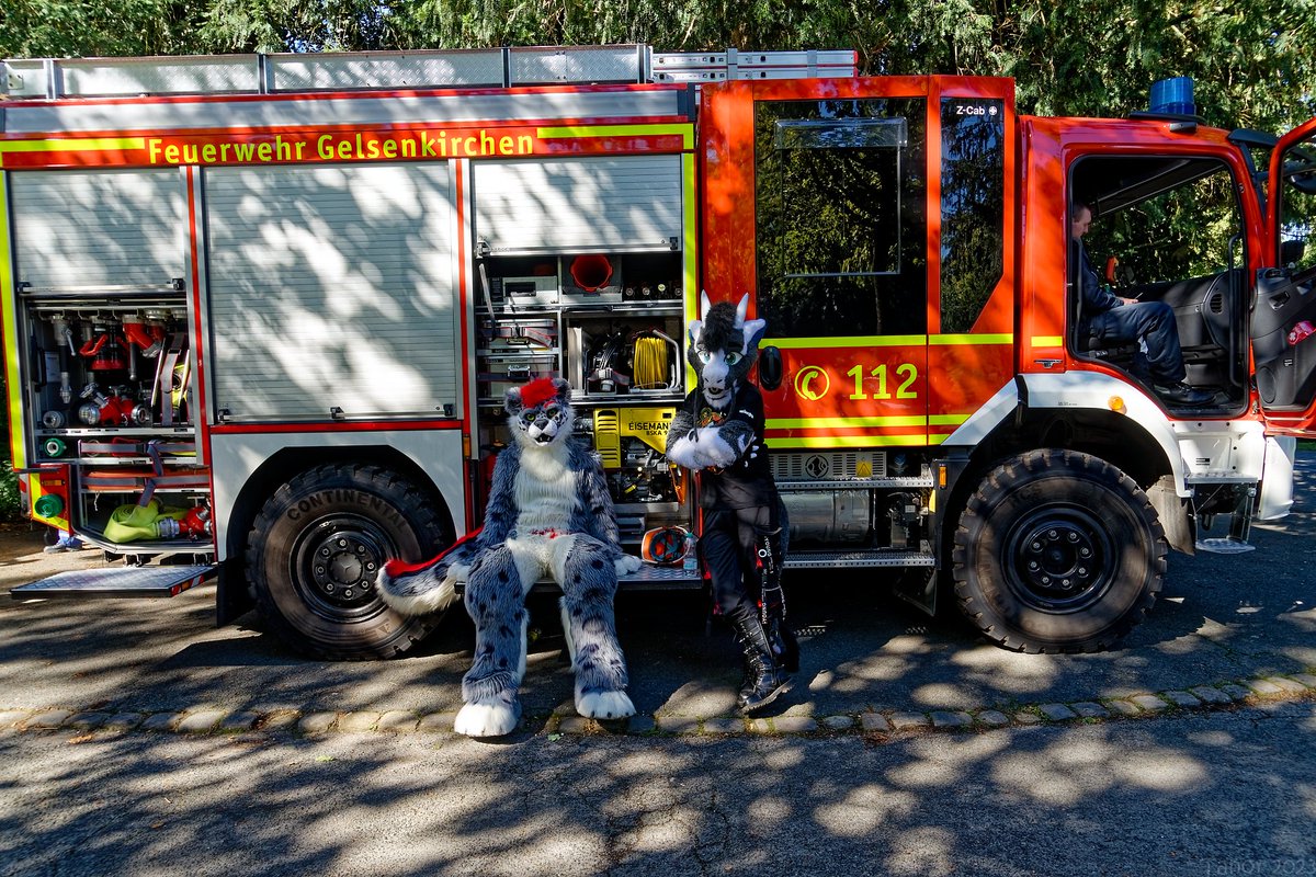 I'm a volunteer firefighter.
So a big thank you to @FWGelsenkirchen that i can take a picture with your LF20 KatS.

🐉 @PocketVito 
📷 Tanor
#FursuitFriday #feuerwehr