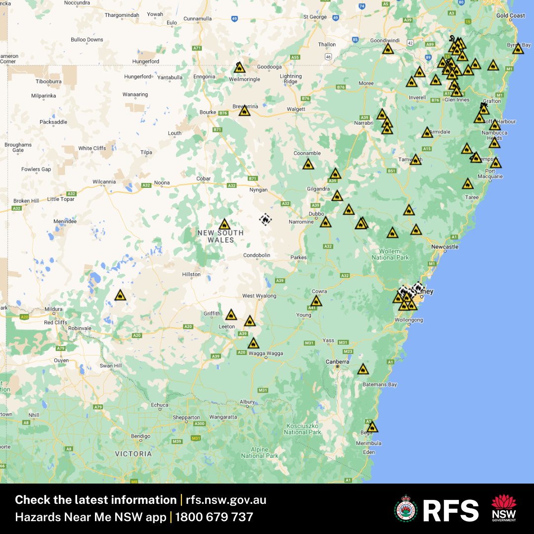 As of 5:30pm, there are 62 fires burning across NSW, with 21 not yet contained. All fires are currently burning at Advice level, with around 400 firefighters and incident management personnel working to contain these fires. More information at rfs.nsw.gov.au/fnm #RFS