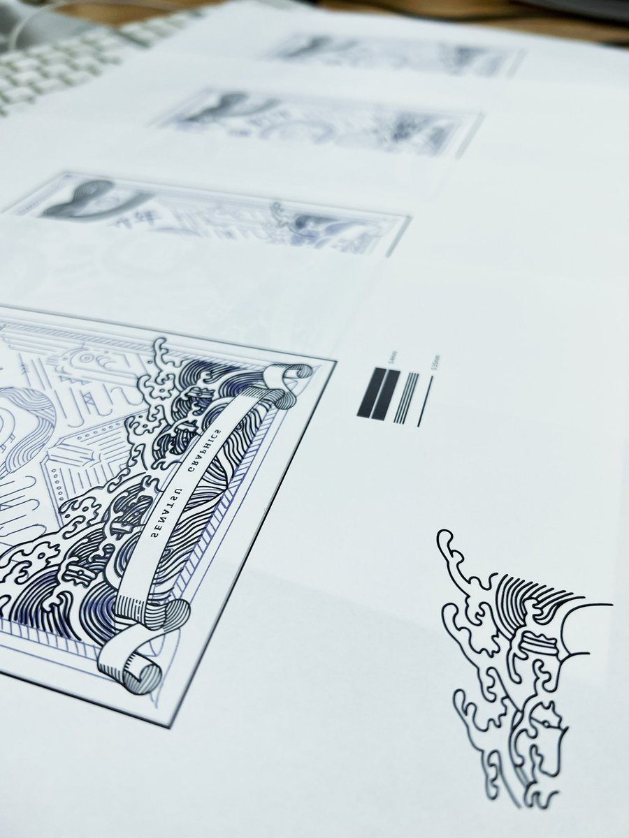 ベクター化の方法検証中
・Photoshopで手書き
・Procreateで手書き(自動補正)
・illustratorでペンツールで直パス
箔が上手くのる制約も守りつつ、直パスは硬さがですぎて無機的になりすぎるので、AIには出来ない作者の出癖がでるphでの手書きにすることにしました。 
