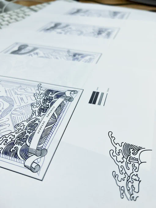 ベクター化の方法検証中
・Photoshopで手書き
・Procreateで手書き(自動補正)
・illustratorでペンツールで直パス
箔が上手くのる制約も守りつつ、直パスは硬さがですぎて無機的になりすぎるので、AIには出来ない作者の出癖がでるphでの手書きにすることにしました。 