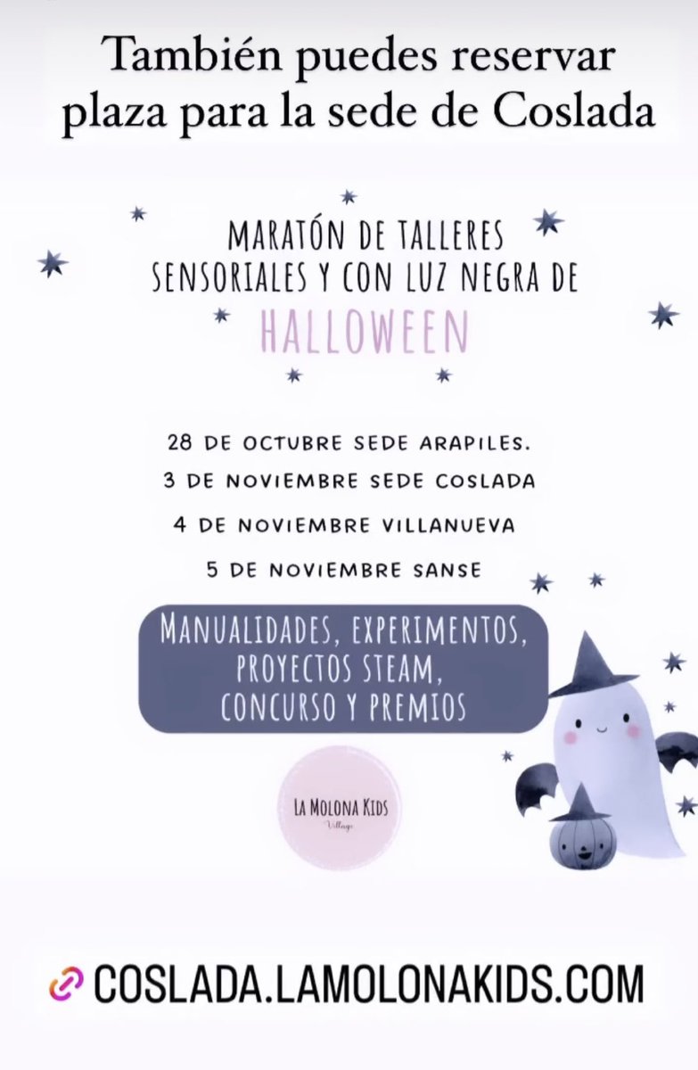 Animales marinos o despedida de halloween por todo lo alto? Cuál quieres disfrutar con tu peque este finde? Entra en coslada.lamolonakids.com y elige tu actividad para este finde de frío

#madridconniños #planesfinde #ocioinfantio #planesconniños #actividades #planesenfamilia