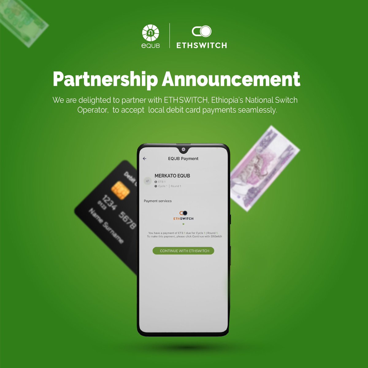 equbapp's tweet photo. We have partnered with Ethiopia’s National Switch Operator, @EthswitchSC , to accept frictionless payments from ALL local banks’ debit cards seamlessly on eQUB mobile app.
#eQub #FinTech #Ethiopia #Payments #RoSCA #digital #technology #app #ethswitch https://t.co/Pg8nDlosFI