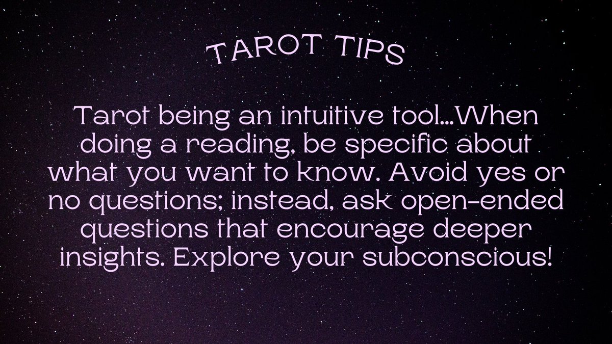 simichhibber's tweet photo. Tarot is an intuitive tool... When doing a reading, be specific about what you want to know. Avoid yes or no questions; instead, ask open-ended questions that encourage deeper insights. Explore your subconscious!
#tarot #TarotReading #tarottips https://t.co/eix93nPJFv
