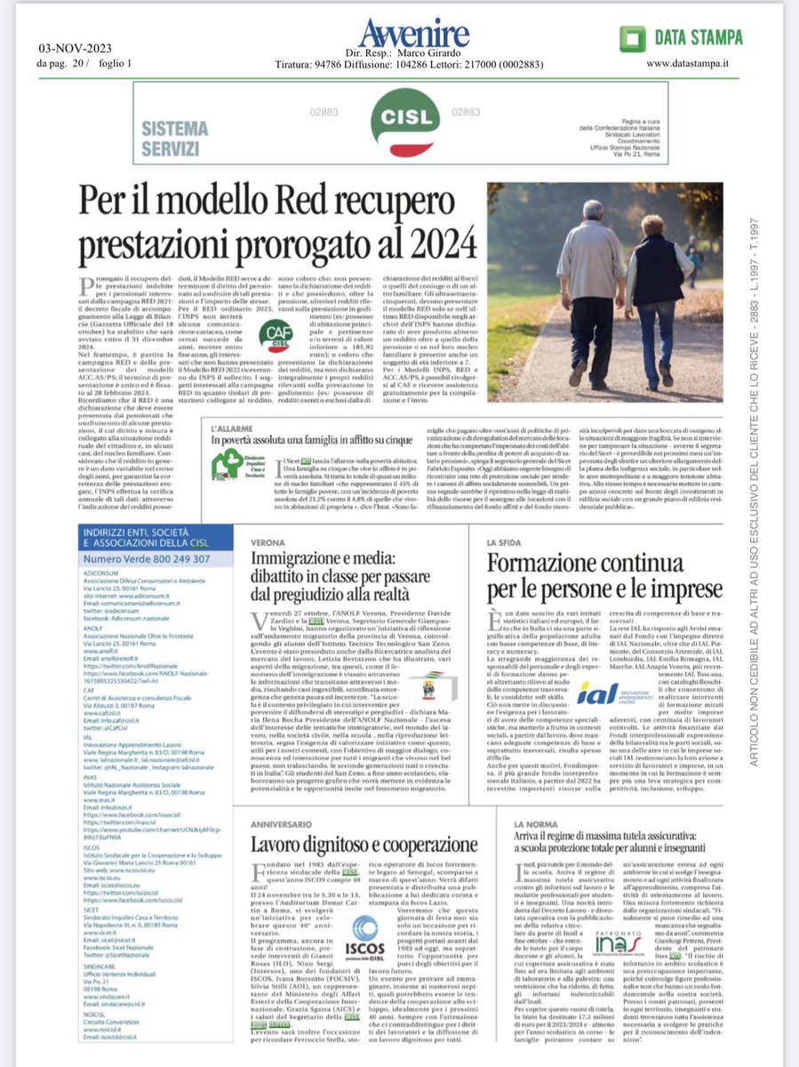CislNazionale's tweet photo. Modello Red, recupero prestazioni prorogato a fine 2024; in povertà assoluta 1 famiglia su 5 in affitto; più tutele per la scuola; formazione; politiche dell'accoglienza e dell'integrazione: questo ed altro sulla pagina dei servizi Cisl di @Avvenire_Nei del #3novembre https://t.co/XIr8GNlCfw