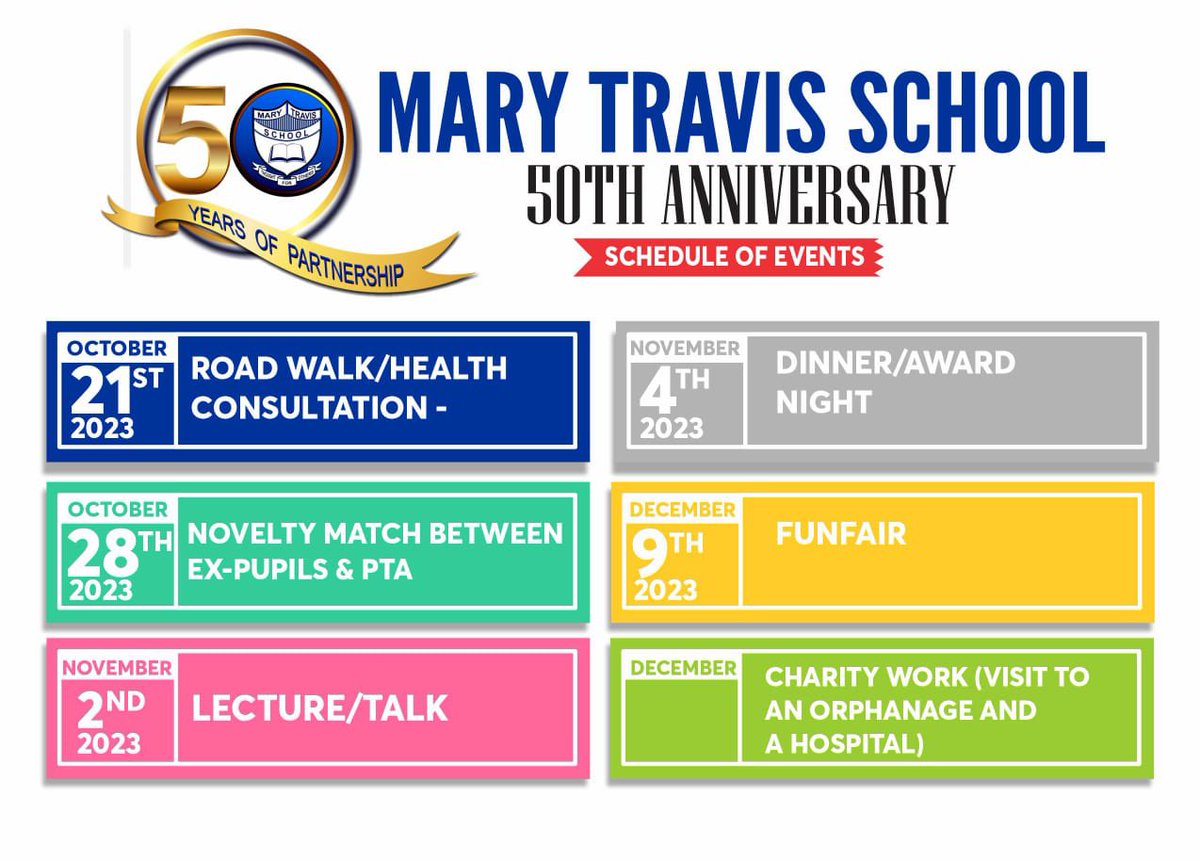 stephadamu's tweet photo. Mary Travis Nursery and Primary School Kaduna is 50!!!🎉🎉🎉
Join the celebration of the 50th Anniversary of our Wonderful almamata. Please see the schedule of events below, kindly RT for my school mates. #MTProud #MTat50 #MaryTravis #KadunaCrocCity #RT https://t.co/SHlVdUMEo9