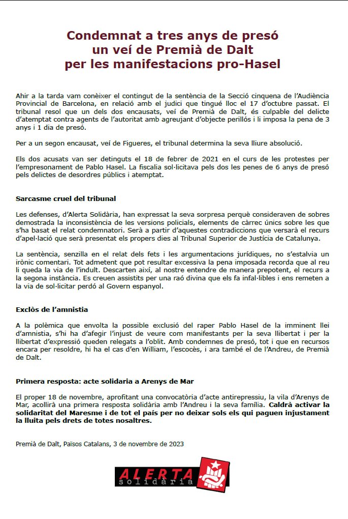 AlertaSolidaria's tweet photo. ⚠️ TRES ANYS DE PRESÓ per a l'Andreu de #Premià per les protestes pro-PABLO HASEL!

❌La sentència implicaria PRESÓ si un recurs no ho esmena. L'Amnistia NO l'inclouria!

🤬El tribunal fa mofa i recorda que pot demanar l'indult.

⚠️Dissabte 18 acte de suport a ARENYS DE MAR⤵️ https://t.co/oIWObE6FJN