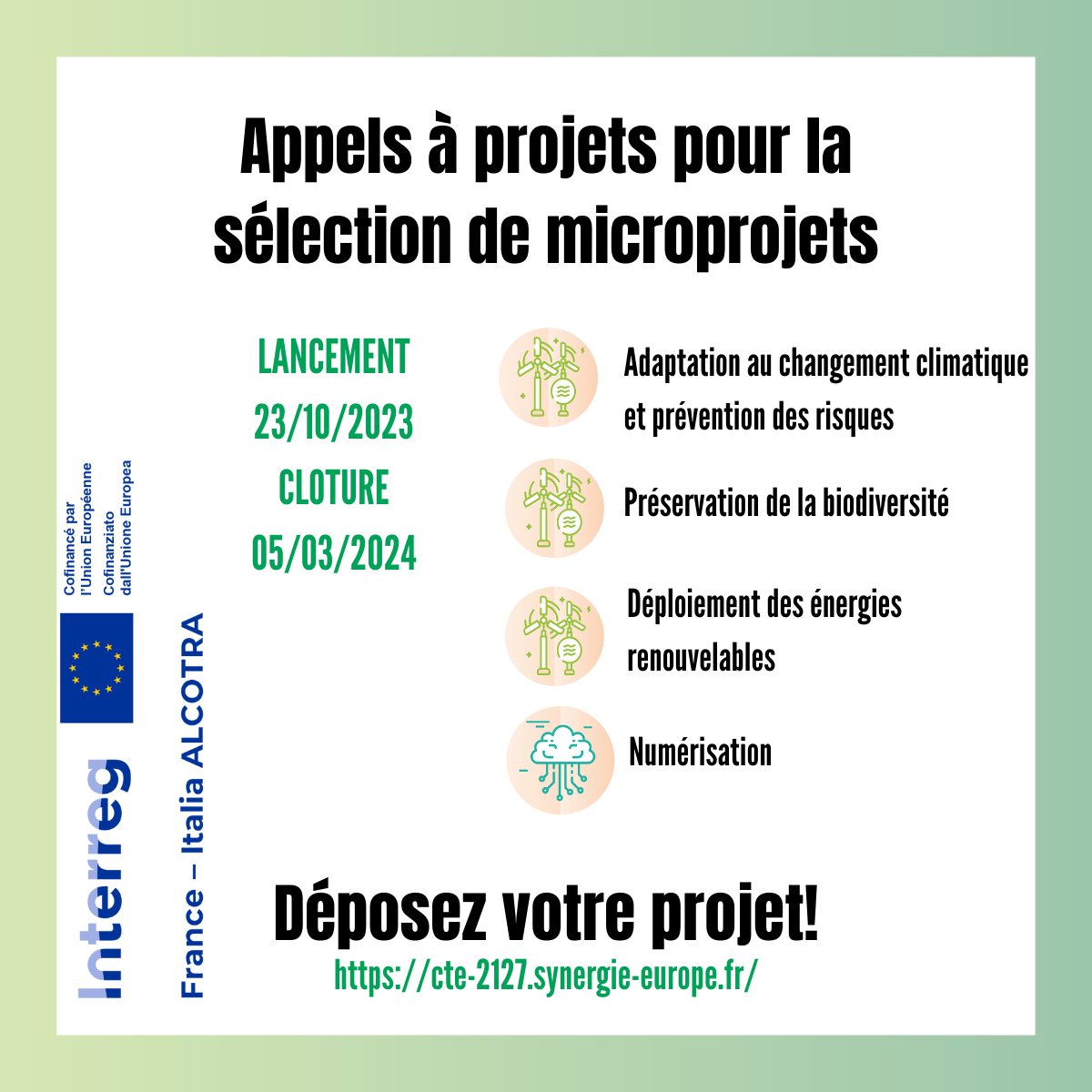 Interreg ALCOTRA (@interregalcotra) on Twitter photo 𝐋'𝐚𝐩𝐩𝐞𝐥 à 𝐩𝐫𝐨𝐣𝐞𝐭 pour la présentation de 𝐦𝐢𝐜𝐫𝐨𝐩𝐫𝐨𝐣𝐞𝐭𝐬 sur 𝐍𝐮𝐦é𝐫𝐢𝐬𝐚𝐭𝐢𝐨𝐧 et 𝐄𝐧𝐯𝐢𝐫𝐨𝐧𝐧𝐞𝐦𝐞𝐧𝐭 𝐞𝐬𝐭 𝐨𝐮𝐯𝐞𝐫𝐭. 𝑼𝒏 𝒘𝒆𝒃𝒊𝒏𝒂𝒊𝒓𝒆 𝒅𝒆 𝒑𝒓é𝒔𝒆𝒏𝒕𝒂𝒕𝒊𝒐𝒏 𝒆𝒔𝒕 𝒑𝒓é𝒗𝒖 le  𝟕/𝟏𝟏 à 𝟏𝟎𝒉👉 bit.ly/3u1NYOn 𝐋'𝐚𝐩𝐩𝐞𝐥 à 𝐩𝐫𝐨𝐣𝐞𝐭 pour la présentation de 𝐦𝐢𝐜𝐫𝐨𝐩𝐫𝐨𝐣𝐞𝐭𝐬 sur 𝐍𝐮𝐦é𝐫𝐢𝐬𝐚𝐭𝐢𝐨𝐧 et 𝐄𝐧𝐯𝐢𝐫𝐨𝐧𝐧𝐞𝐦𝐞𝐧𝐭 𝐞𝐬𝐭 𝐨𝐮𝐯𝐞𝐫𝐭. 𝑼𝒏 𝒘𝒆𝒃𝒊𝒏𝒂𝒊𝒓𝒆 𝒅𝒆 𝒑𝒓é𝒔𝒆𝒏𝒕𝒂𝒕𝒊𝒐𝒏 𝒆𝒔𝒕 𝒑𝒓é𝒗𝒖 le  𝟕/𝟏𝟏 à 𝟏𝟎𝒉👉 bit.ly/3u1NYOn