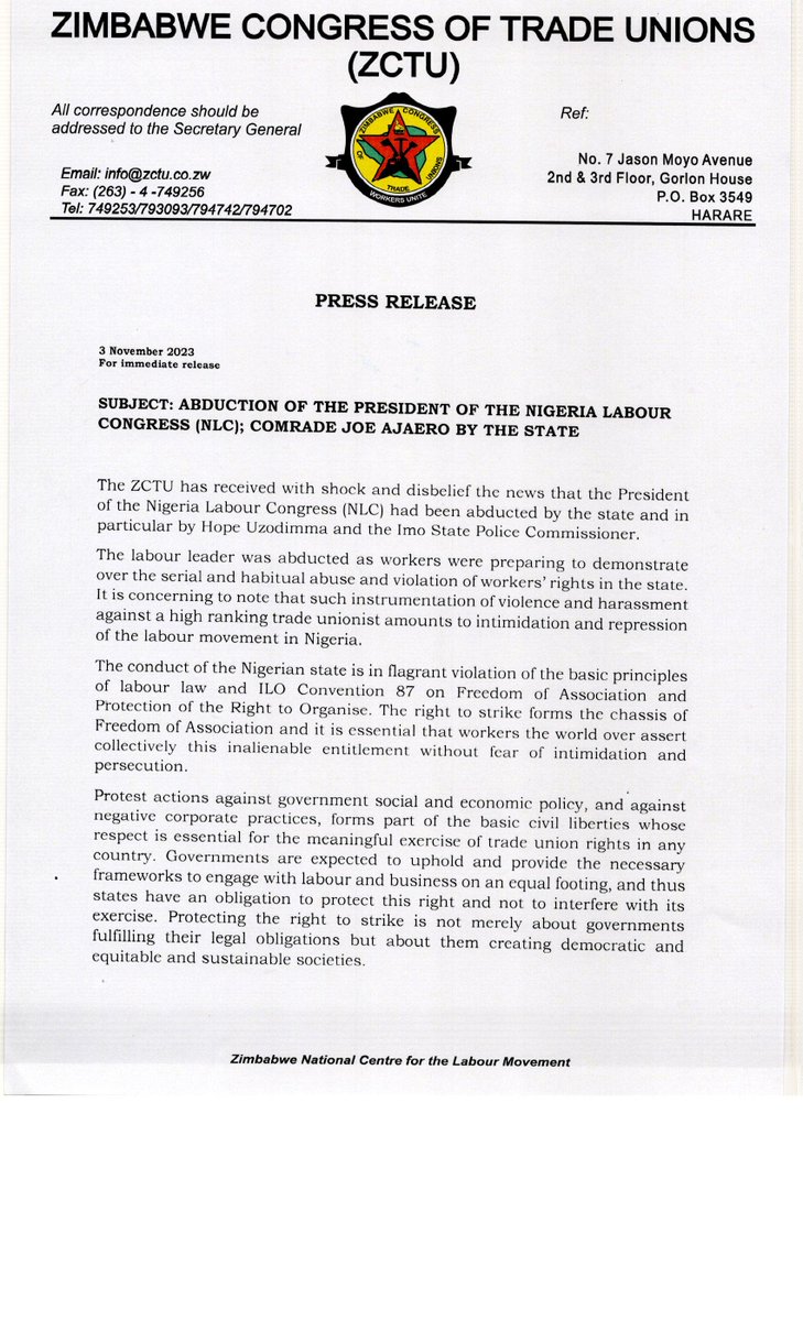 ZctuZimbabwe's tweet photo. We condemn the abduction of @NLCHeadquarters President COMRADE JOE AJAERO and call on the Nigerian government to stop the intimidation and repression of unionists
@FMuchae 
@japhet_moyo 
@ituc_africa 
@ituc 
@_cosatu 
@ilo 
@OMpslsw 
@SATUCC 
@Fiona_Magaya https://t.co/FKuv3o4WGx