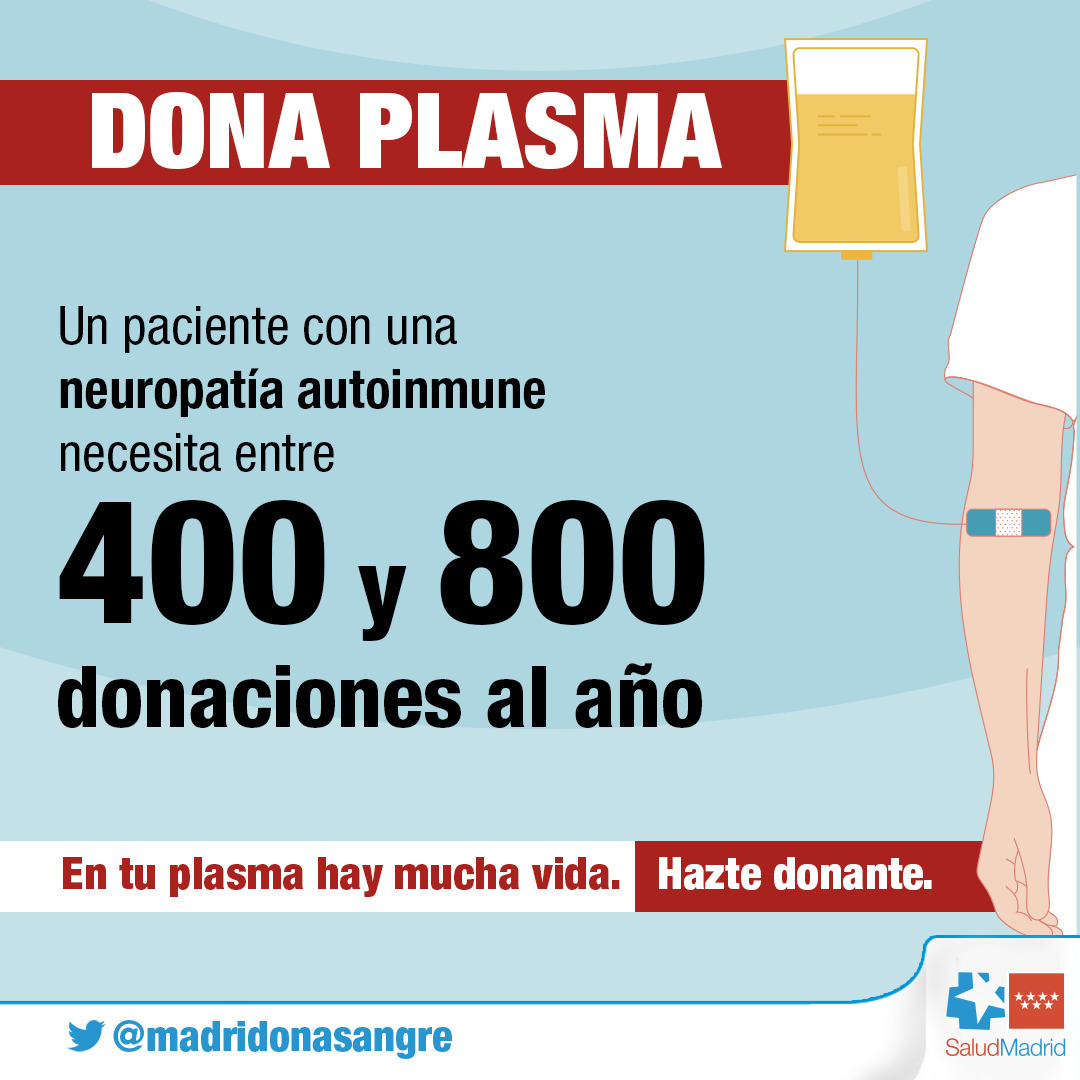❤ Aún estás a tiempo de apuntarte al Maratón de Donación de Plasma.

📱 Anímate y pide tu cita: 91 301 72 40

📅 6,7 y 8 de noviembre

👉 Un paciente con una neuropatía autoinmune necesita entre 400 y 800 donaciones al año.

❤ En tu #plasma hay mucha vida

#dona, #donaplasma