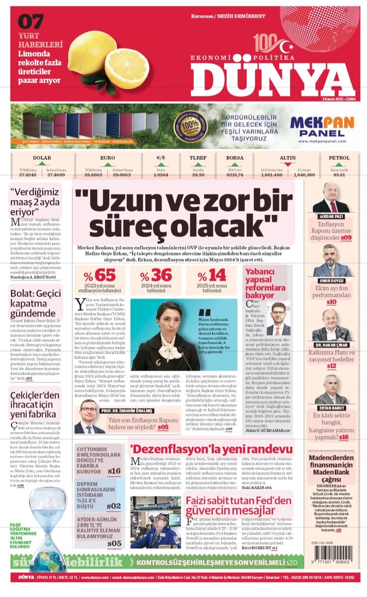 📌 "Uzun ve zor bir süreç olacak"

📌 "Verdiğimiz #maaş 2 ayda eriyor"

📌 #Dezenflasyon'la yeni randevu 

📌 Bolat: Geçici kapatma gündemde 

Detaylar ve daha fazlası dunya.com'da.

#EKONOMİ #finans #sürdürülebilirlik #gündem #yatırım #enflasyon