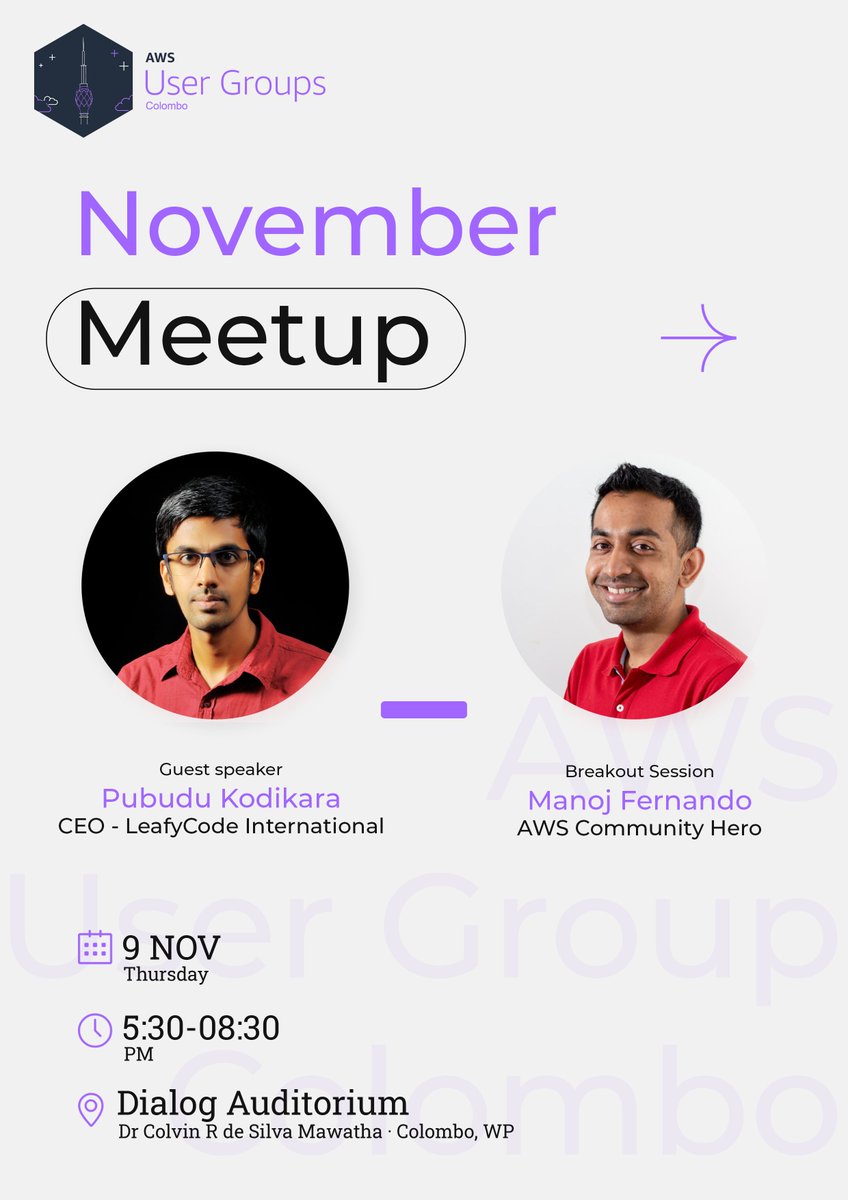 awsugcmb's tweet photo. 🔥Calling All Sri Lankan AWS Enthusiasts! 🔥

Hello #AWSCommunity!
📢AWS User Group Colombo is excited to host our November Meetup at Dialog Auditorium!

Whether you're a newbie or a cloud maestro, we welcome AWS enthusiasts from all over Sri Lanka to join our meetup. https://t.co/CJnMoN39U2