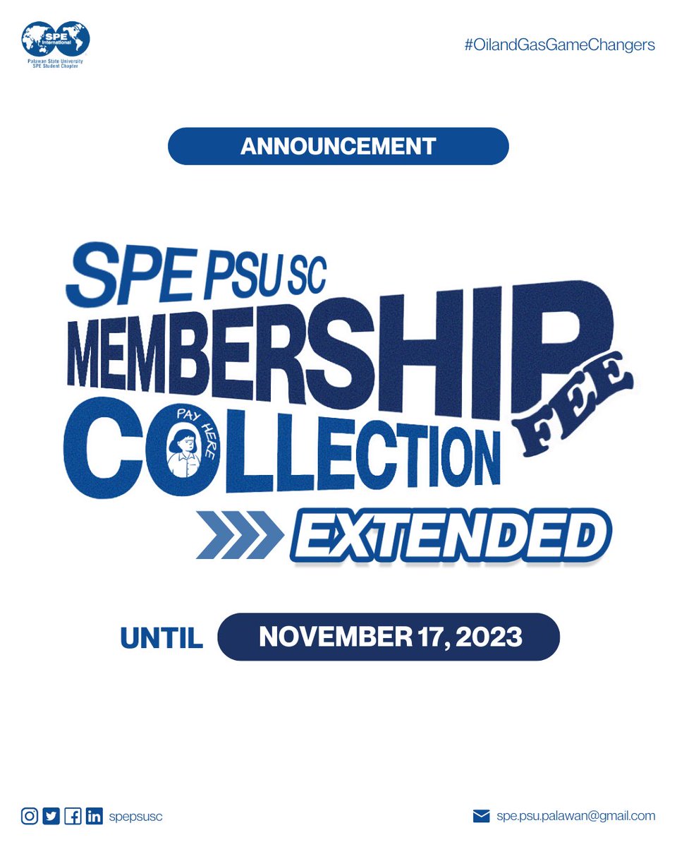 [ANNOUNCEMENT]

Collection for payment of the 𝗦𝗣𝗘-𝗣𝗦𝗨-𝗦𝗖 𝙈𝙚𝙢𝙗𝙚𝙧𝙨𝙝𝙞𝙥 𝙁𝙚𝙚  is extended until 𝗡𝗼𝘃𝗲𝗺𝗯𝗲𝗿 𝟭𝟳, 𝟮𝟬𝟮𝟯.

📌For 𝒕𝒉𝒆 𝒑𝒂𝒚𝒎𝒆𝒏𝒕 𝒑𝒓𝒐𝒄𝒆𝒔𝒔, 𝒑𝒍𝒆𝒂𝒔𝒆 𝒇𝒐𝒍𝒍𝒐𝒘 our 𝗙𝗔𝗖𝗘𝗕𝗢𝗢𝗞 page: facebook.com/spepsusc/

#WeAreSPE