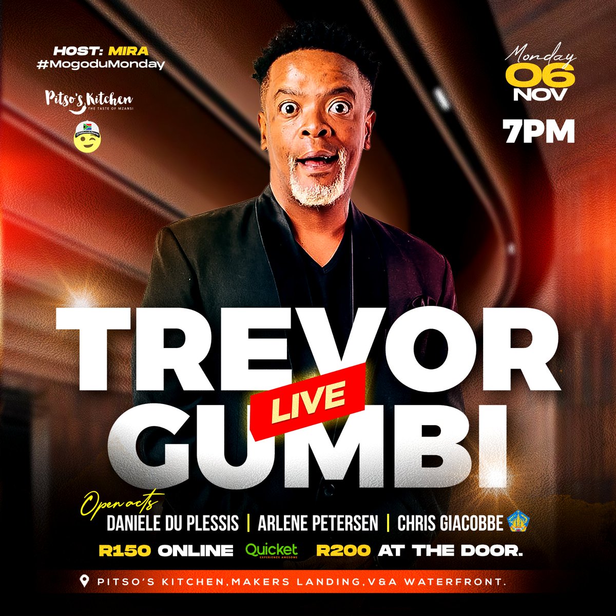 Pius Xulu (@piusxulu) on Twitter photo Catch #TrevorGumbiLIVE at #PitsosKitchen this coming #MogoduMondayComedy ๐ค๐ฅ
๐ ๐ซ qkt.io/A2RKO2 and join us on for hilarious LIVE #StandUpComedy ๐ญ #CptLOL
<a href="/SAComedyShares/">#SAComedyShares</a> #Laughter Catch #TrevorGumbiLIVE at #PitsosKitchen this coming #MogoduMondayComedy ๐ค๐ฅ
๐ ๐ซ qkt.io/A2RKO2 and join us on for hilarious LIVE #StandUpComedy ๐ญ #CptLOL
<a href="/SAComedyShares/">#SAComedyShares</a> #Laughter