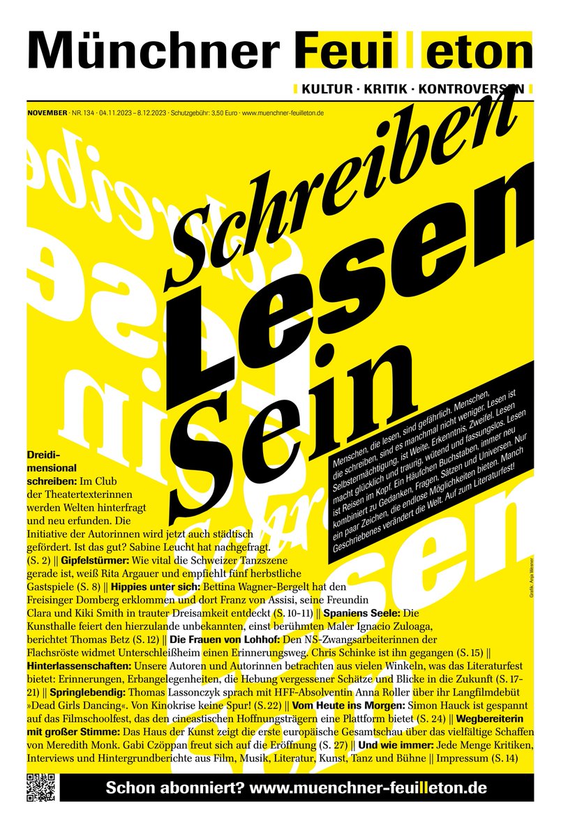 ZEIT ZU LESEN!

Morgen erscheint unsere 134 mit umfangreichem Special zum <a href="/litmuc/">LiteraturfestMünchen</a> und wie immer dem Neuesten aus der Kulturszene! Wir freuen uns auf euch und wünschen euch viel Spaß. 
muenchner-feuilleton.de/kultur-kiosk