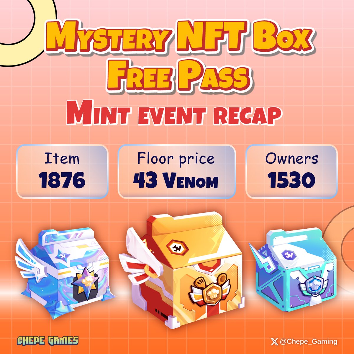 Mint Free Pass for Mystery NFT Box event on @venomart23 has successfully ended 🥳🥳

🎉Let's look at some impressive numbers and celebrate with us! 

🫶Thank you for participating in our event and let's look forward to other exciting events coming soon!

#Venomart #NFTGiveaway
