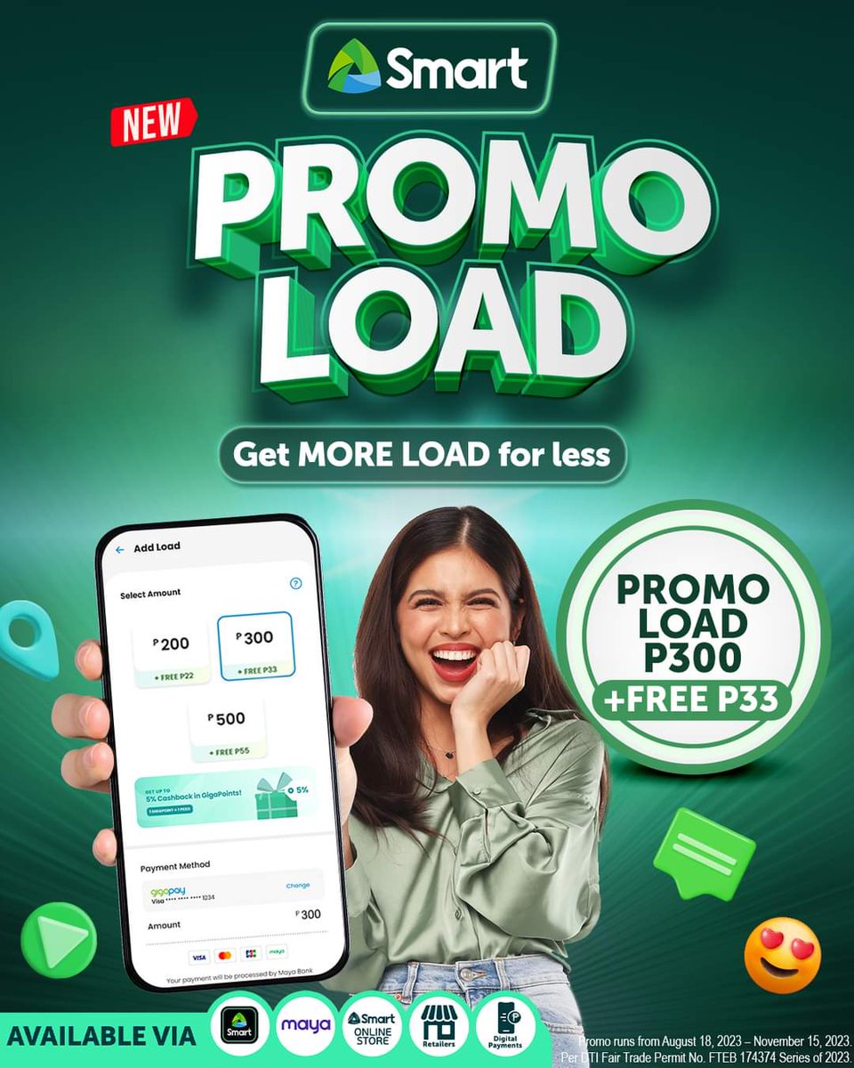 Maine Mendoza for Smart Communications, Inc. 

Embrace smarter spending with the new Smart Promo Load!

Register to Promo Load 300 today and get a bonus P33 worth of load valid for 30 days.

<a href="/mainedcm/">Maine Mendoza</a>