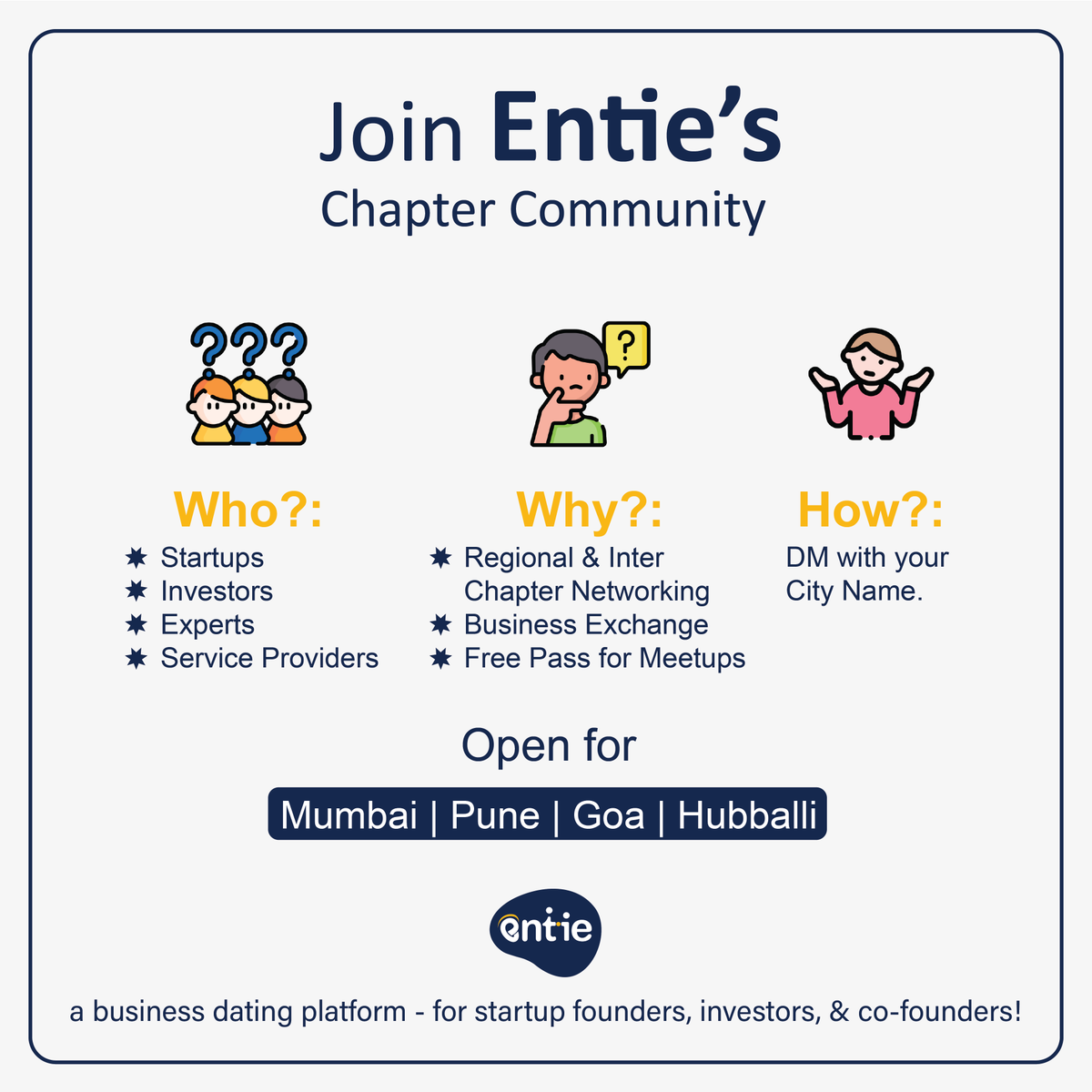EntieOfficial's tweet photo. Join the Entie #ChapterCommunity!

Exciting opportunities await in vibrant cities like #Pune, #Mumbai, #Goa, &amp; #Hubballi. 

Connect, collaborate, &amp; innovate with fellow entrepreneurs and innovators. Let's build a thriving community together! 

#BusinessDating #StartupNetworking https://t.co/ab116EOEni