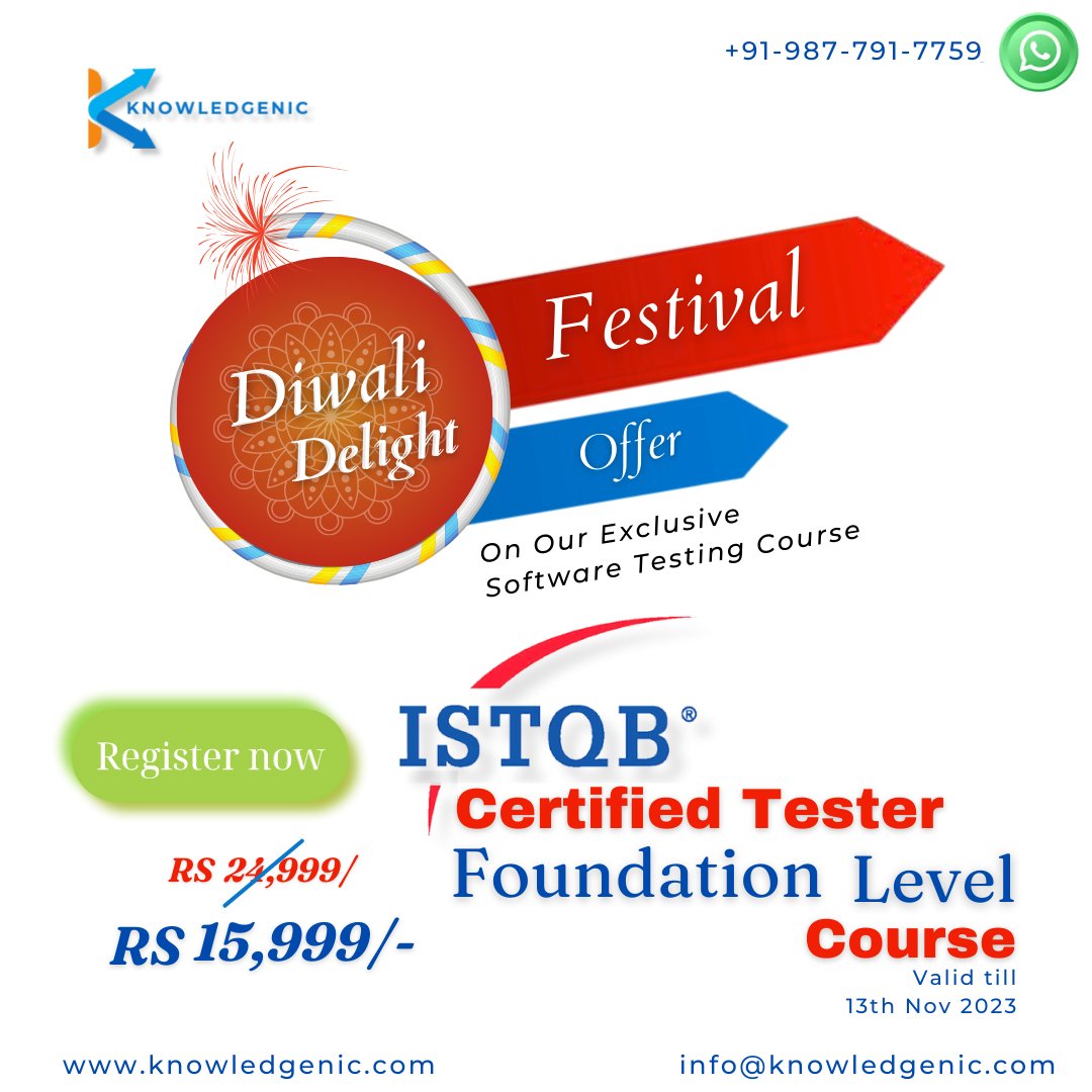 knowledgenic's tweet photo. "Boost your testing skills with ISTQB Certified Tester Foundation Level + AI course and stay ahead in the evolving world of software testing!" 🚀🔍

💥 REGISTER NOW to avail special DIWALI offer 💥

https://t.co/6mBjxKuULm https://t.co/hqXs2yMVbd