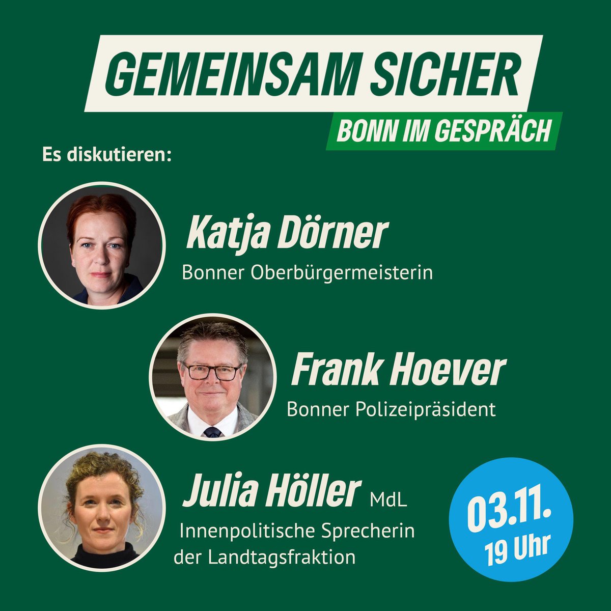 Katja Dörner (@katjadoerner) on Twitter photo Herzliche Einladung - was können wir tun, um #bonn noch sicherer zu machen und dafür zu sorgen, dass die Menschen sich in der Stadt wohl fühlen? Darüber diskutiere ich heute mit <a href="/julehoeller/">Julia Höller</a> und Frank Hoever, dem Präsidenten der <a href="/polizei_nrw_bn/">Polizei NRW BN</a> Infos: gruene-bonn.de/partei/termine… Herzliche Einladung - was können wir tun, um #bonn noch sicherer zu machen und dafür zu sorgen, dass die Menschen sich in der Stadt wohl fühlen? Darüber diskutiere ich heute mit <a href="/julehoeller/">Julia Höller</a> und Frank Hoever, dem Präsidenten der <a href="/polizei_nrw_bn/">Polizei NRW BN</a> Infos: gruene-bonn.de/partei/termine…