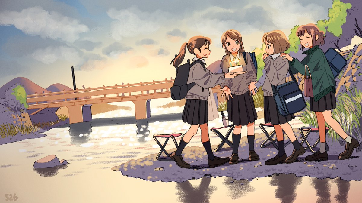 multiple girls skirt outdoors bag brown hair school uniform 4girls  illustration images