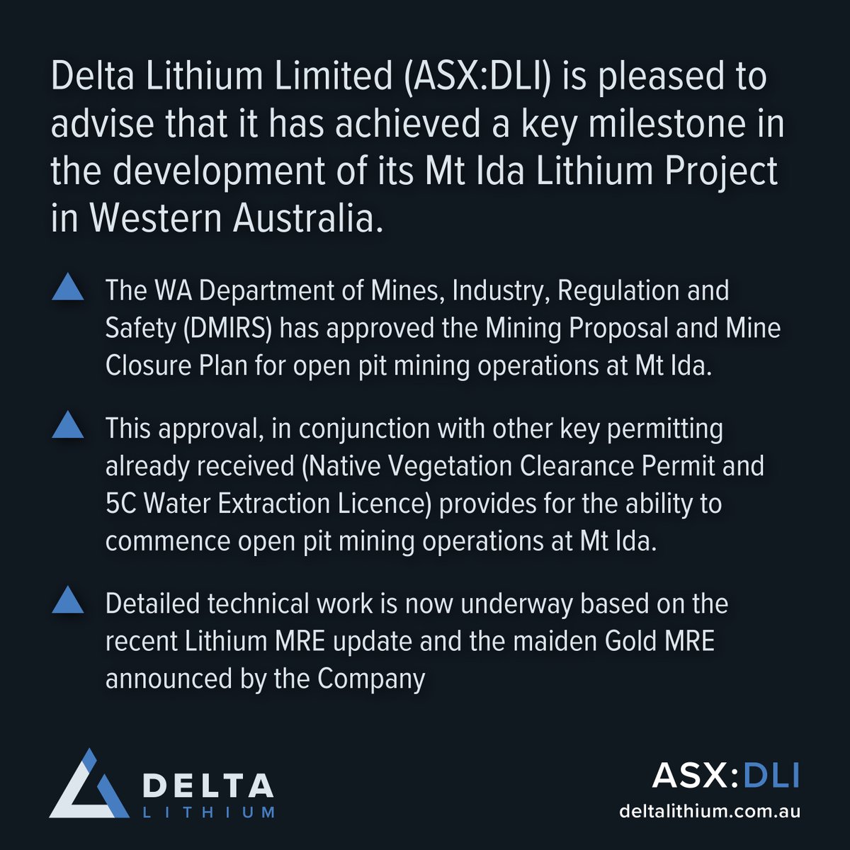 DeltaLithium's tweet photo. $DLI (ASX:DLI) Delta Lithium Limited is pleased to advise that it has achieved a key milestone in the development of its Mt Ida Lithium Project in Western Australia.    

Read full announcement:  https://t.co/R5OP5bAm4J

#WA #Mining #DLI https://t.co/8vtNT91hUA