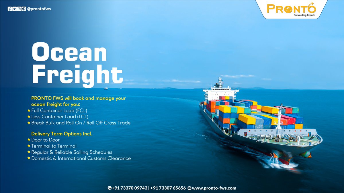 pronto_fws's tweet photo. PRONTO Fws provides comprehensive ocean freight services with extensive experience in international shipping, offering solutions for various vessel types.

To book our services and to know more visit :https://t.co/WNmFVhnvt3

#prontofws #cargo #logistics #shipping #freight 
#ship https://t.co/Rz5OMp9Fnd