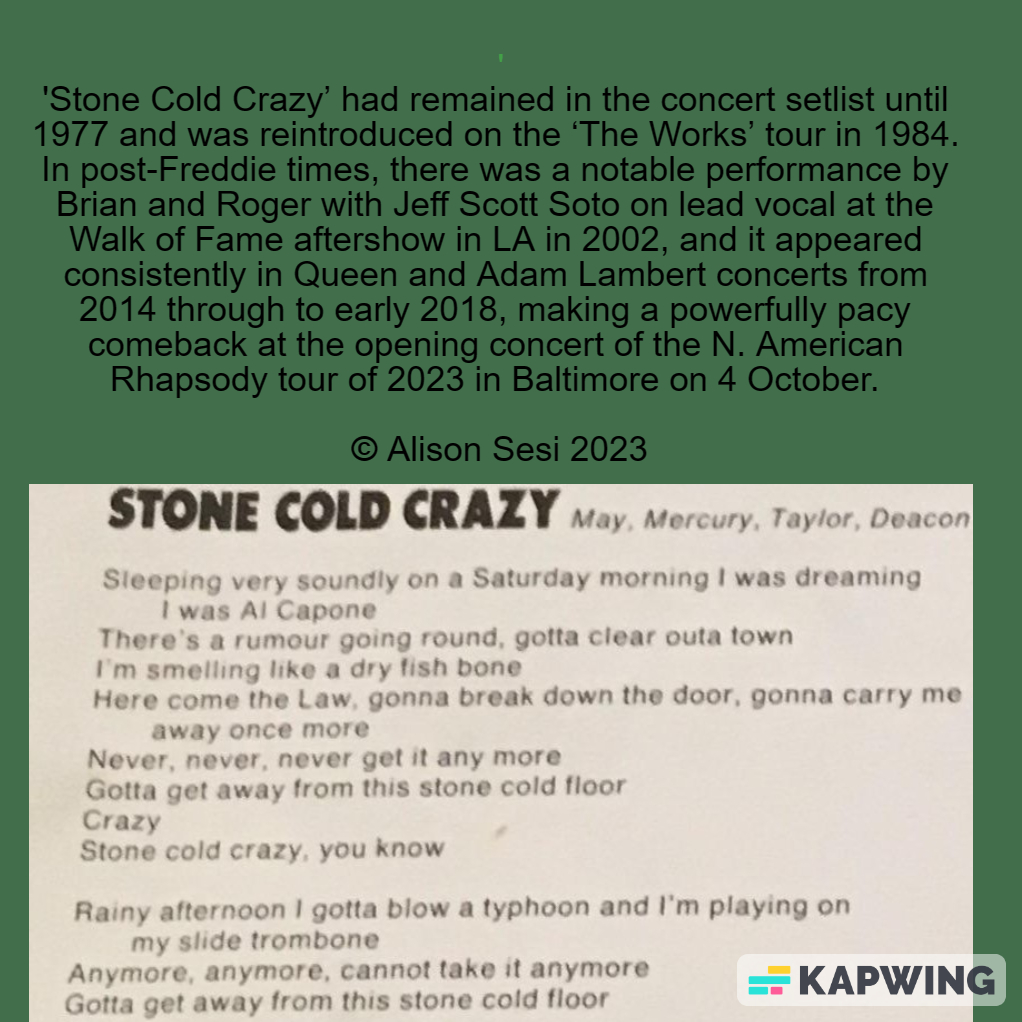 For today's #queenthegreatestlive, I hadn't written about this song before, so I wrote this 'Story Behind the Song' this week! Hot off the press, folks! #queenband #stonecoldcrazy #jeffscottsoto #sheerheartattackalbum #queenandadamlambert #qal #rhapsodytour2023 @OIQFC