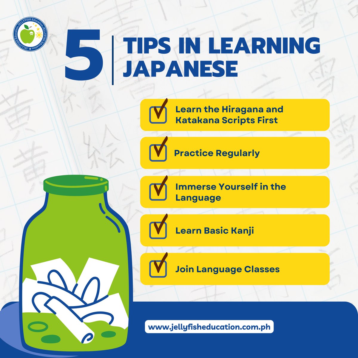 JellyfishPhils's tweet image. Unlock the world of Japanese language and culture with these 5 essential tips!
#JapaneseLanguageLearning
#LanguageTips #JapanStudy
#Nihongo
#LanguageLearners
#LearnNihongo
#JEP
#JellyfishEducationPh