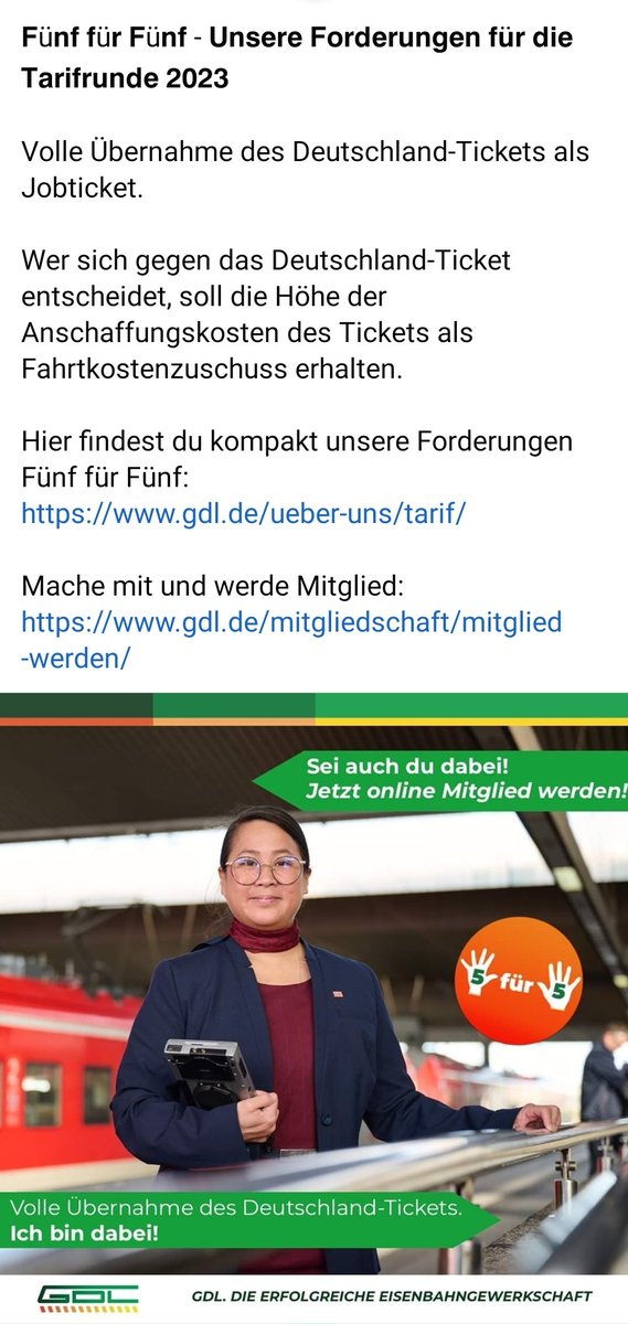 𝗙ü𝗻𝗳 𝗳ü𝗿 𝗙ü𝗻𝗳 - 𝗨𝗻𝘀𝗲𝗿𝗲 𝗙𝗼𝗿𝗱𝗲𝗿𝘂𝗻𝗴𝗲𝗻 𝗳𝘂̈𝗿 𝗱𝗶𝗲 𝗧𝗮𝗿𝗶𝗳𝗿𝘂𝗻𝗱𝗲 𝟮𝟬𝟮𝟯

Hier findest du kompakt unsere Forderungen Fünf für Fünf:
gdl.de/ueber-uns/tari…

Mache mit und werde Mitglied:
gdl.de/mitgliedschaft…